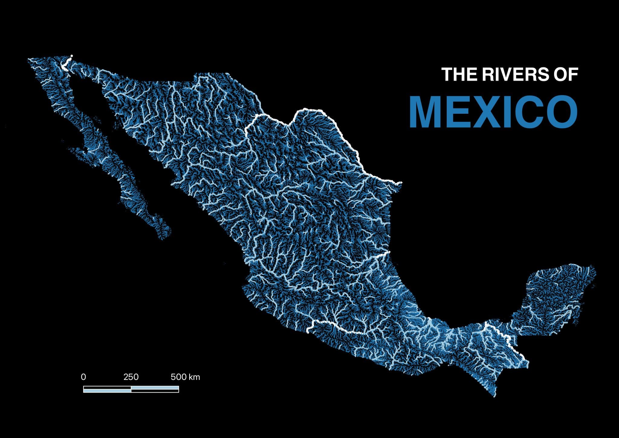 A map of Mexico's river network, drawn as fine branching lines.