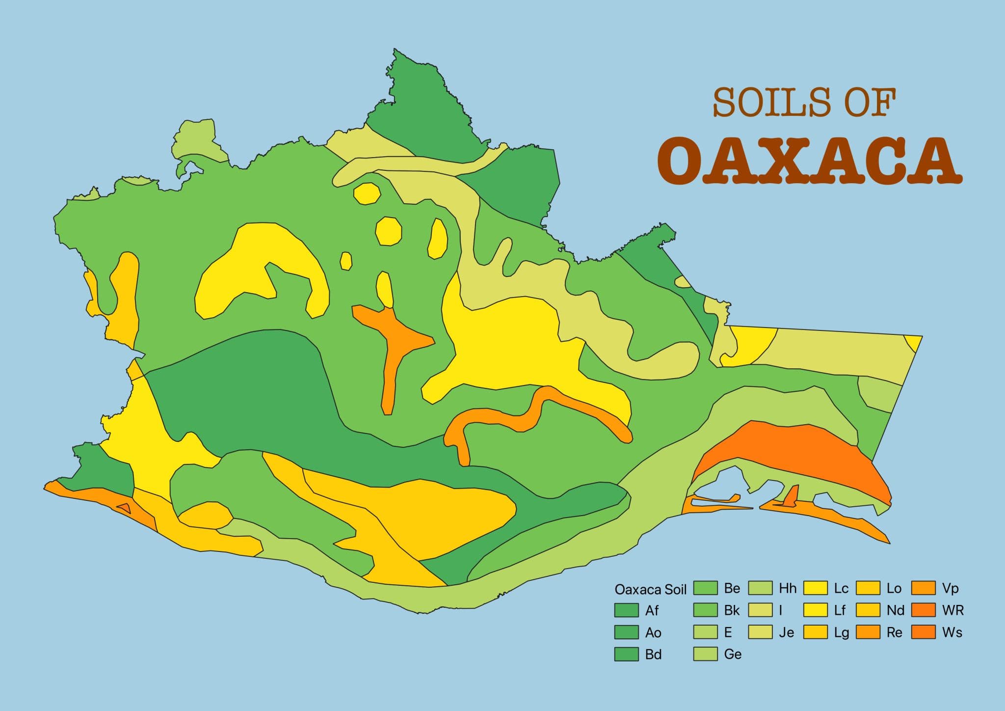 A map of Oaxaca's soil profiles, shaded by soil type.